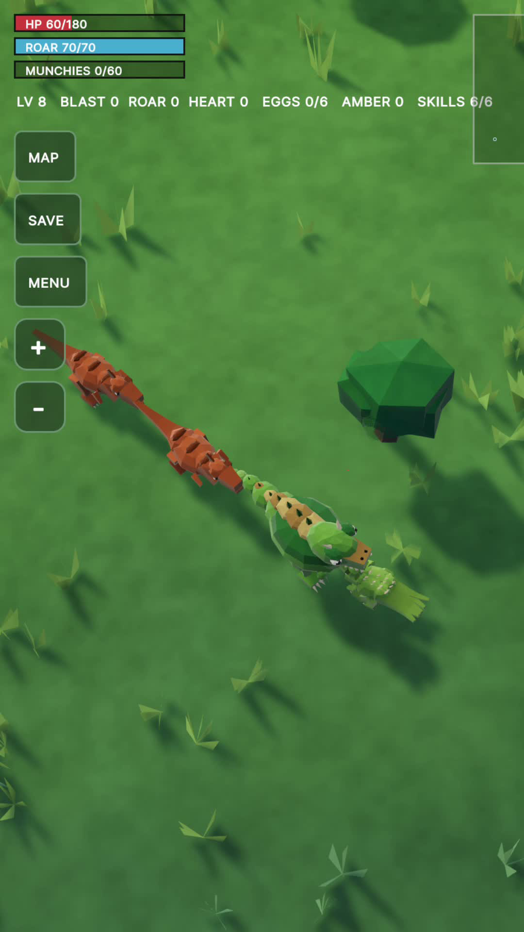 A real fight, captured on-device: Jimmo and a wild raptor collide, HP 60/180