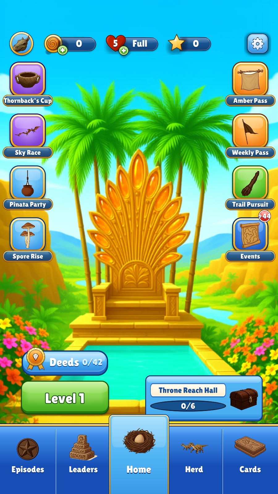 The home screen: the amber throne in the Amber Basin, with events down both sides and the level button below