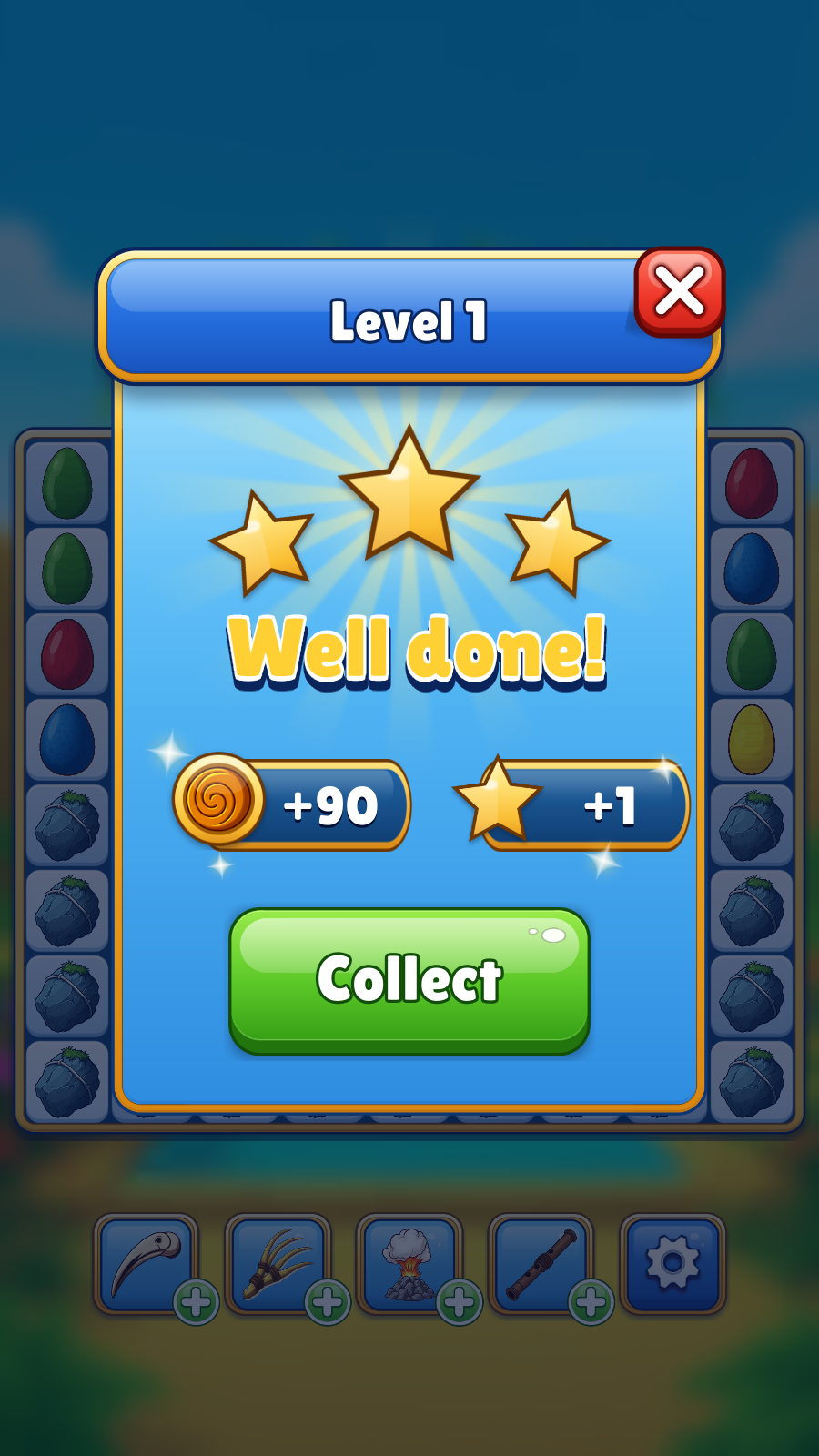 The Well done screen after a level, with stars and the amber and star rewards