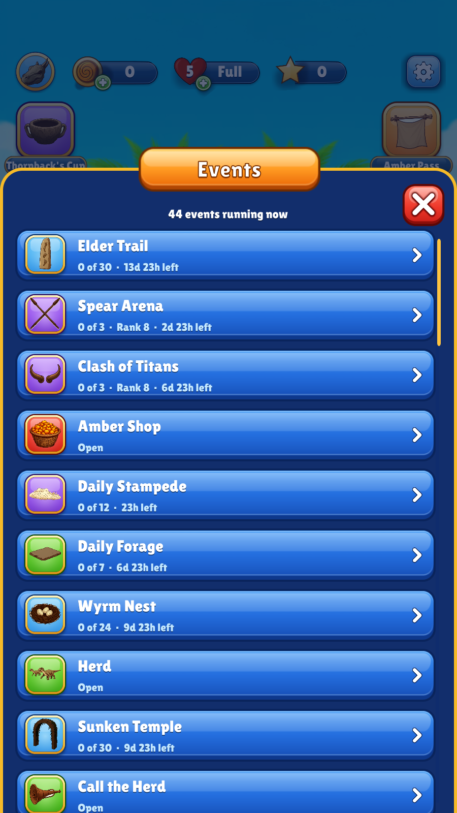 The events list, with the events running now