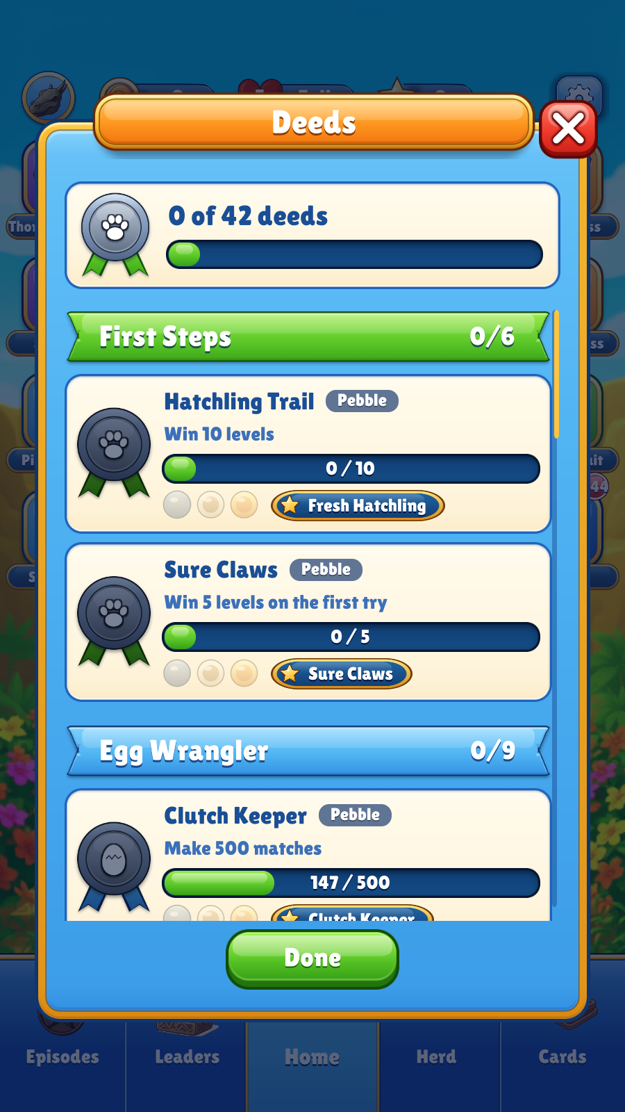 The Deeds screen, a list of things to achieve