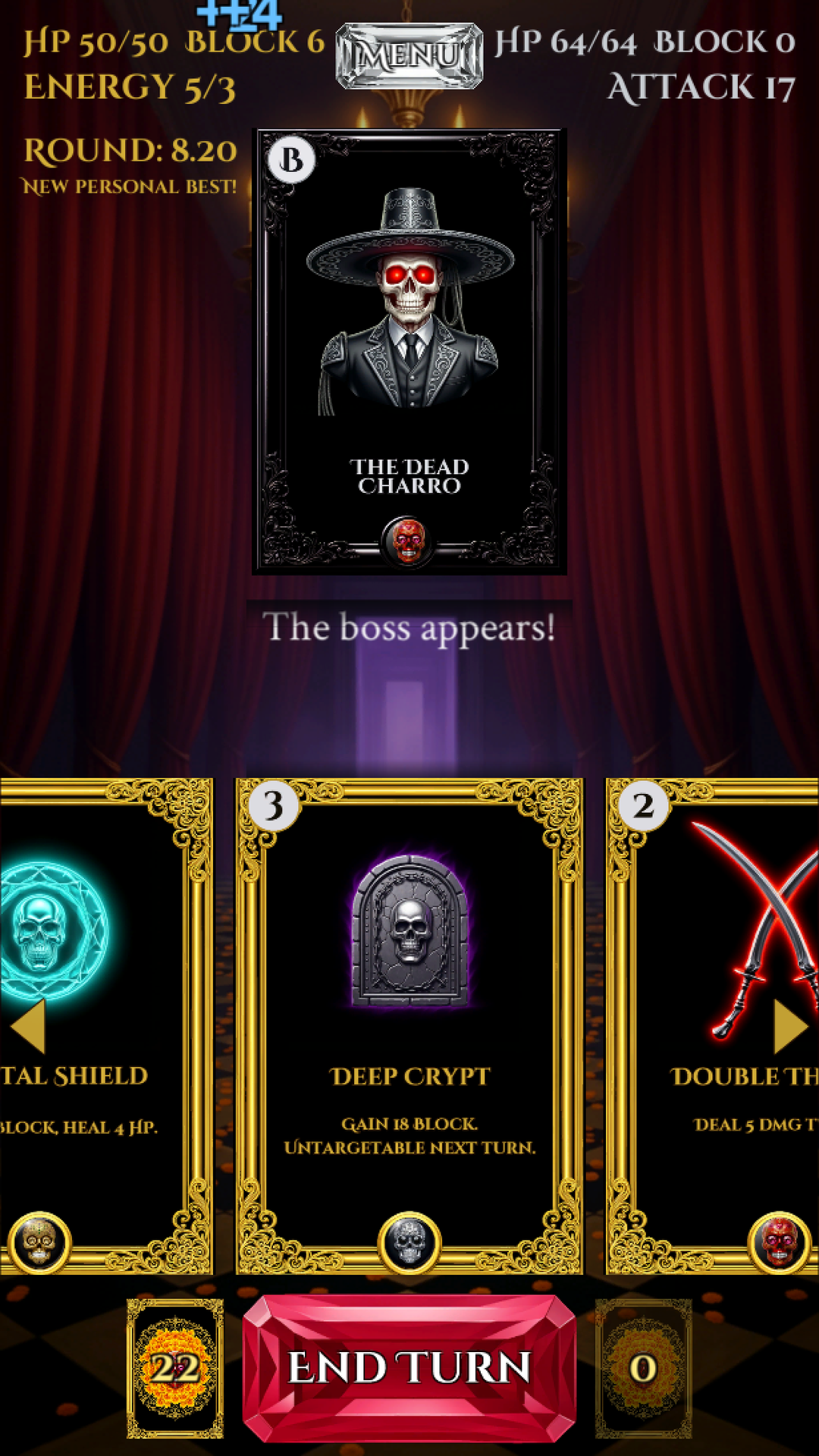 A boss fight against The Dead Charro, with the hand of cards, the draw and discard piles and End Turn