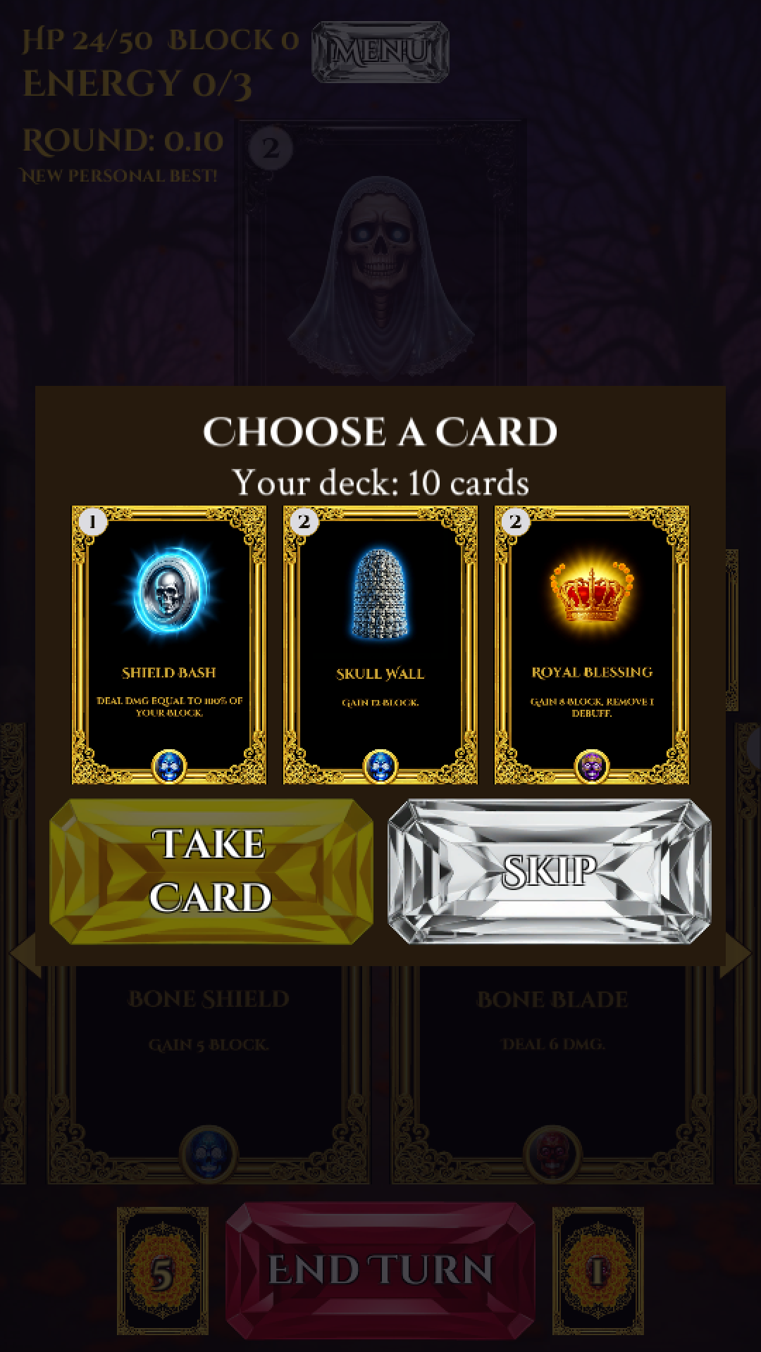 Choosing one of three new cards for the deck after a fight