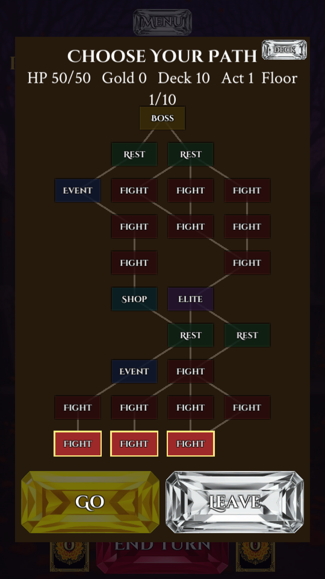 The branching map: fights, an elite, events, a shop and rests on the way to the boss