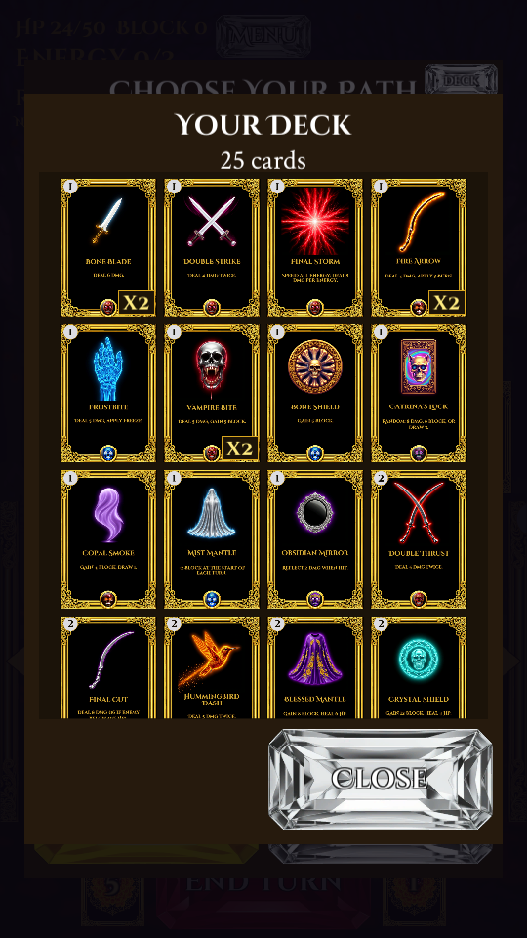 The deck viewer, every card in the run with its count
