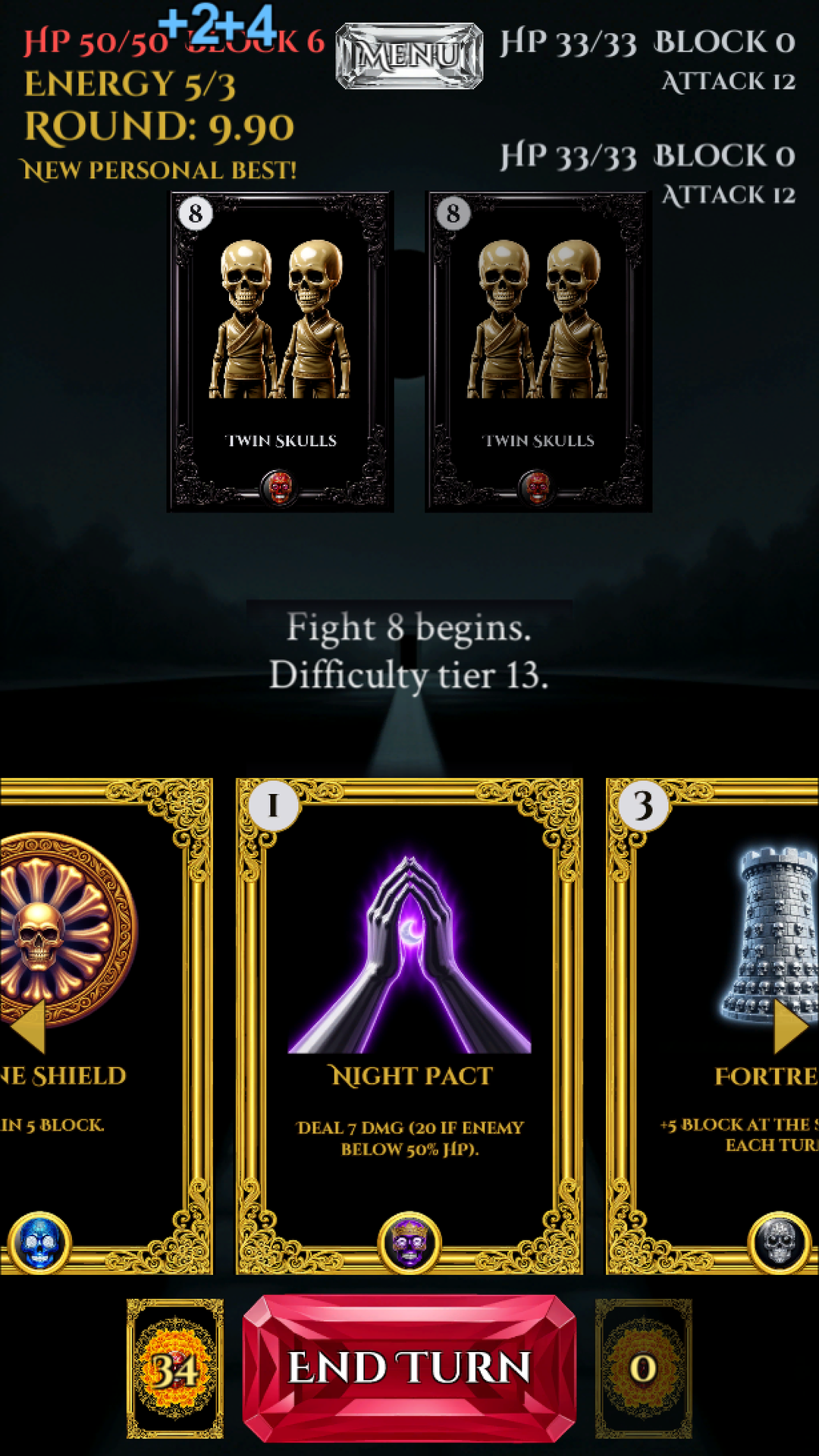 A third-act fight against two Twin Skulls, with the Night Pact card in hand