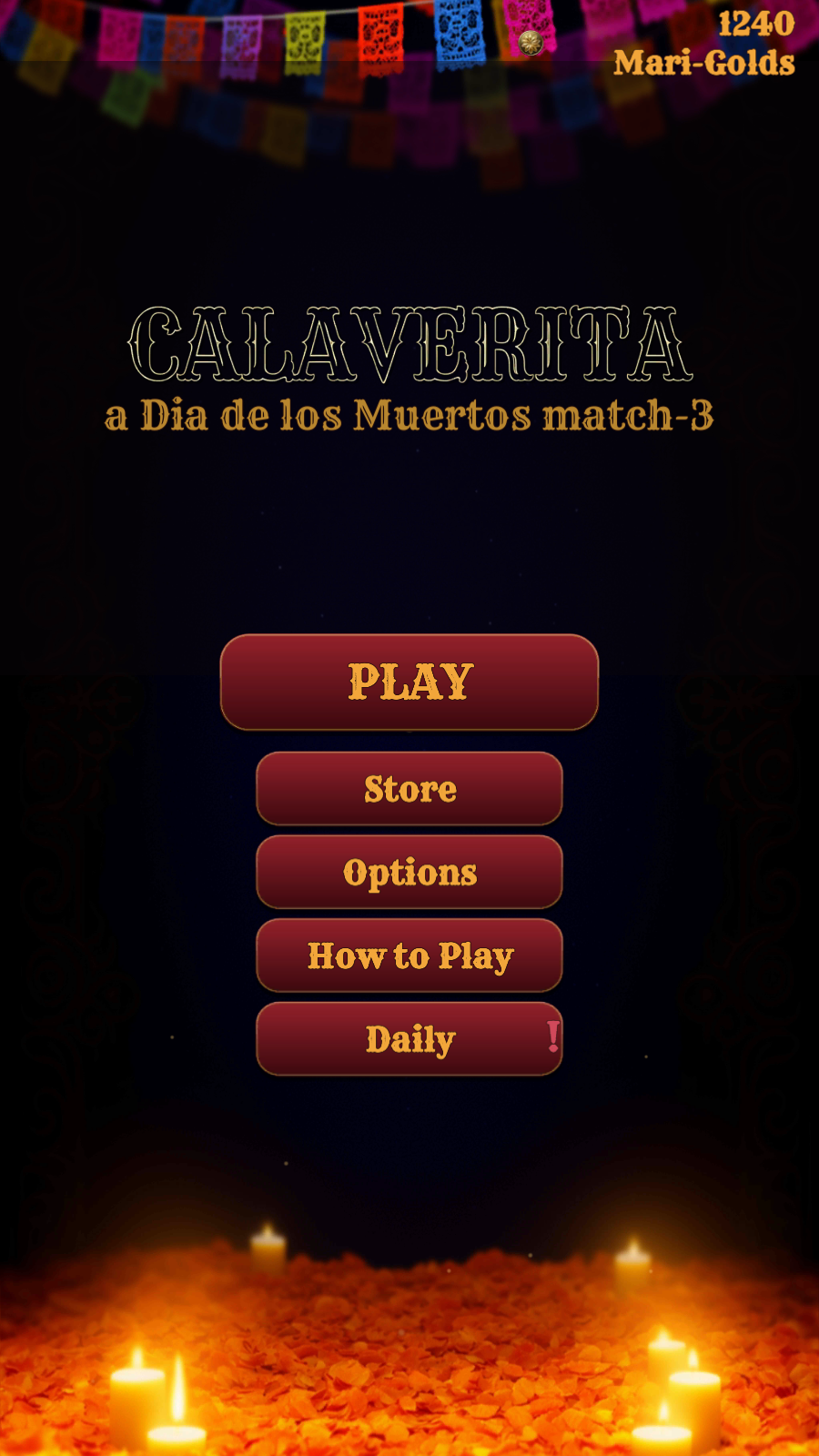 The main menu under papel picado banners: Play, Store, Options, How to Play and Daily