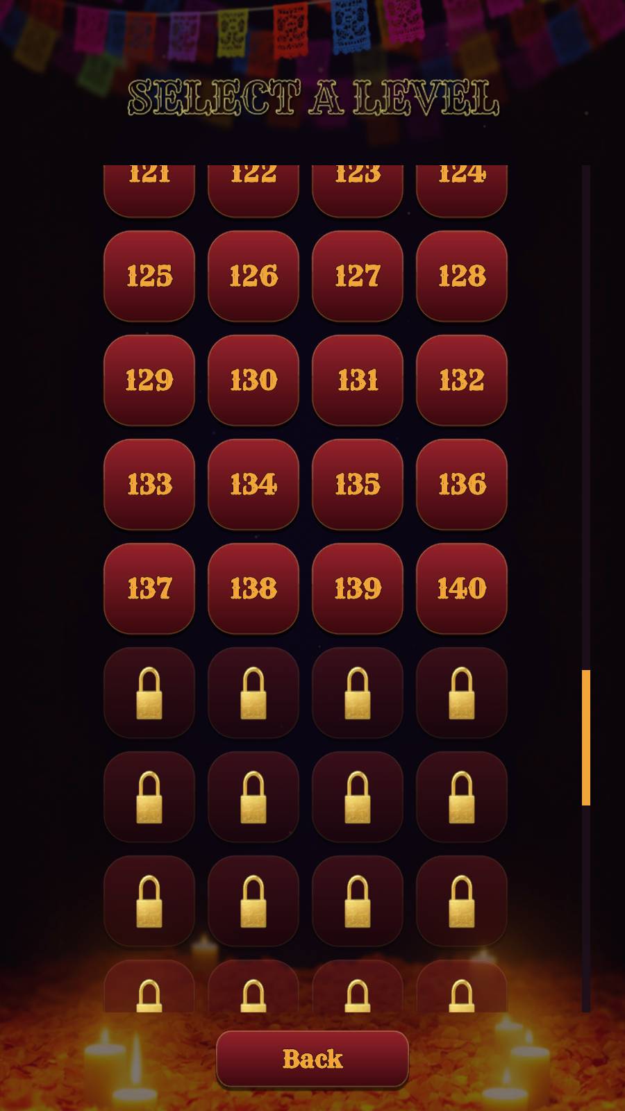 The level list, with levels you can play and gold padlocks on the ones still locked