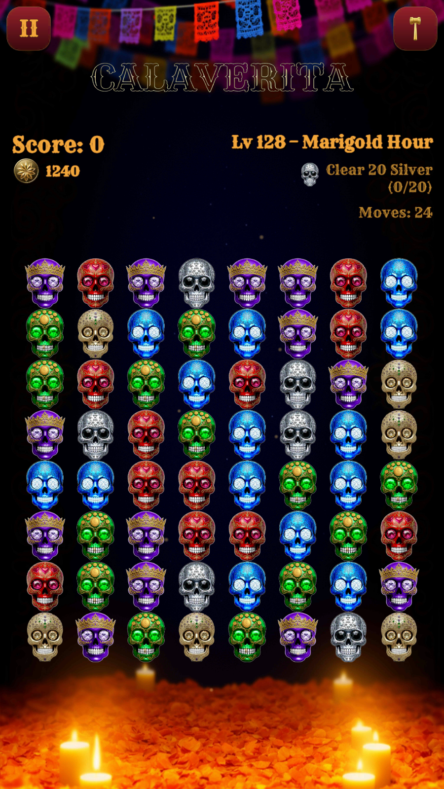 A level in play: the board of sugar skulls, the goal and the moves left