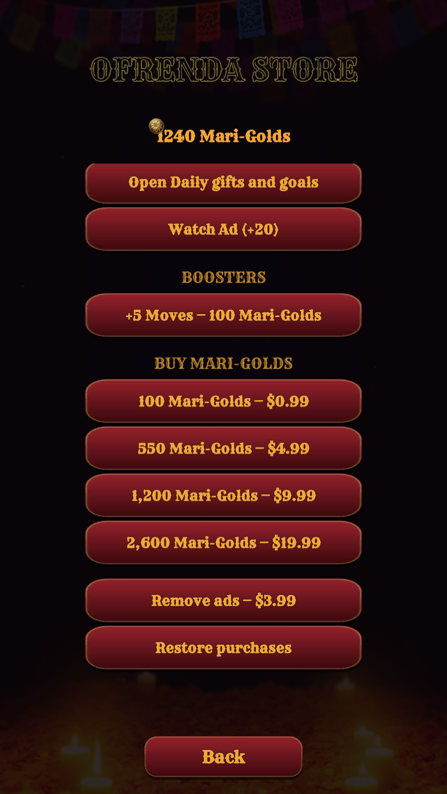 The Ofrenda Store, with Mari-Gold packs, boosters and Remove ads