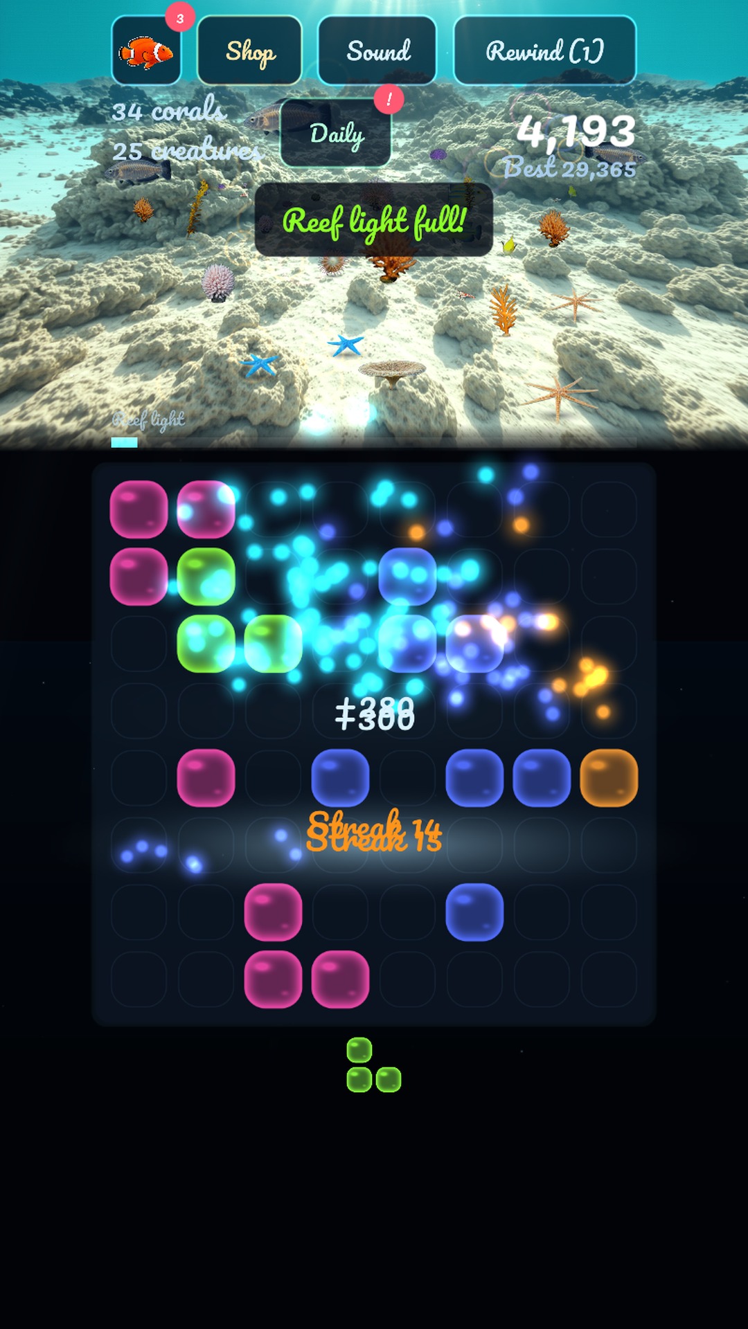 A streak of cleared lines sending bursts of light up into the reef