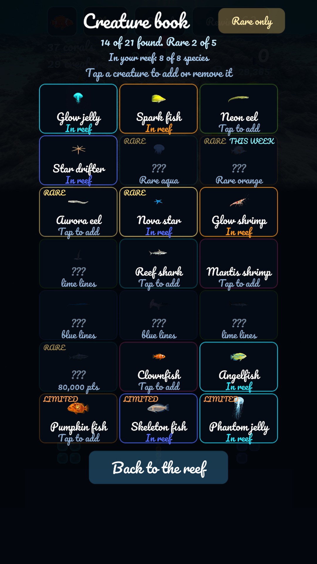 The creature book, showing the species you have found and the ones still missing