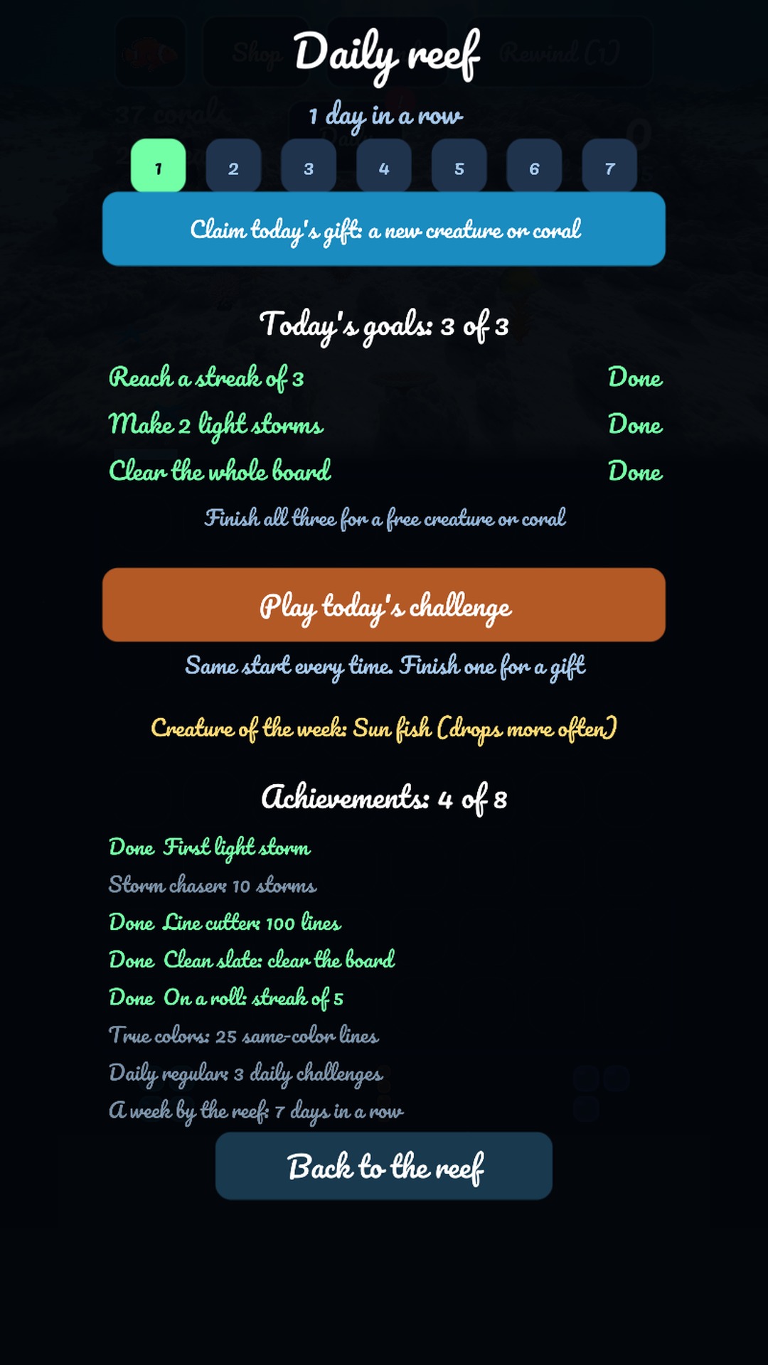 The daily screen with the gift, the three goals and the daily challenge