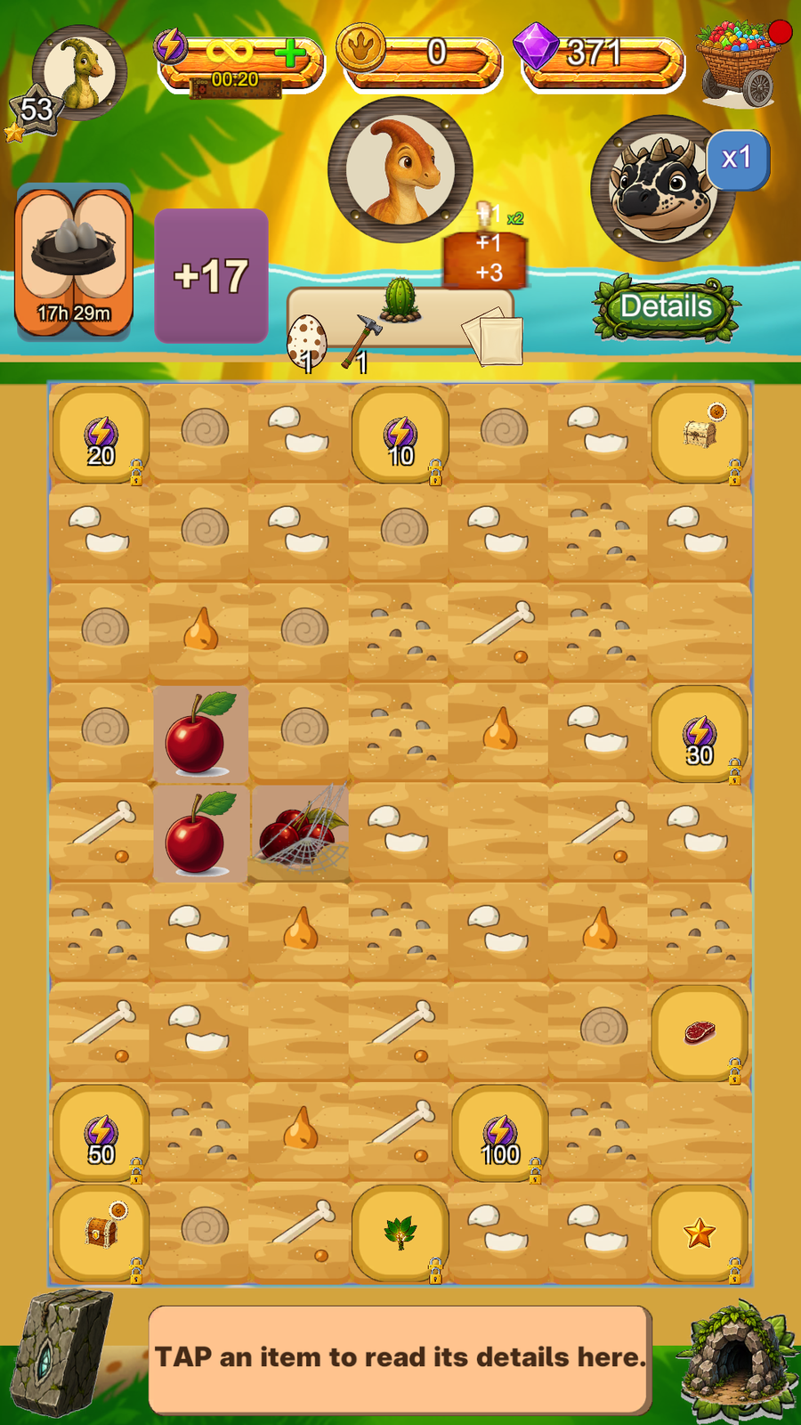 The board: a grid of items to merge, with the current order and the coin and gem counters along the top