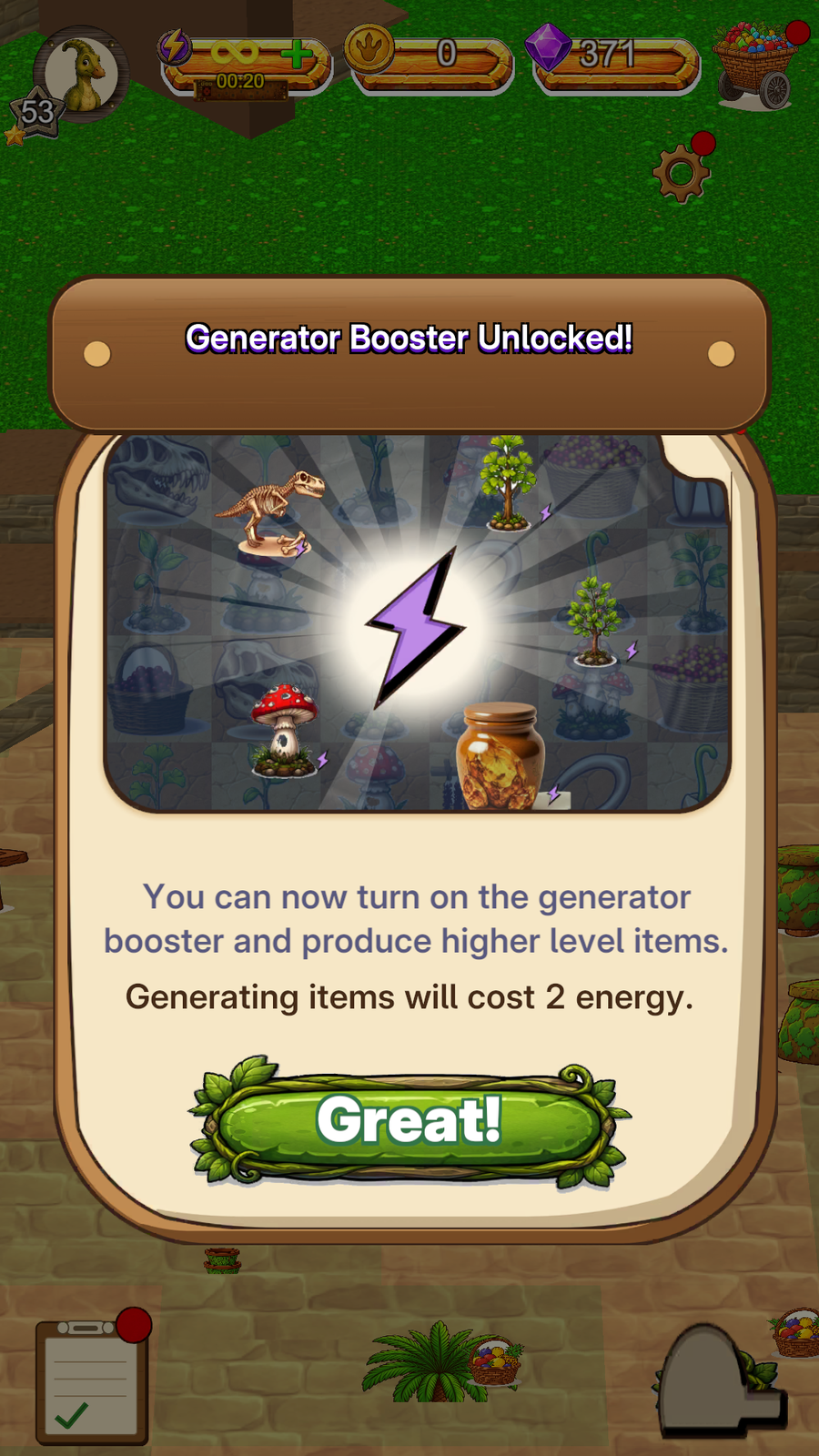 A window telling you the generator booster is unlocked, over the cave home map